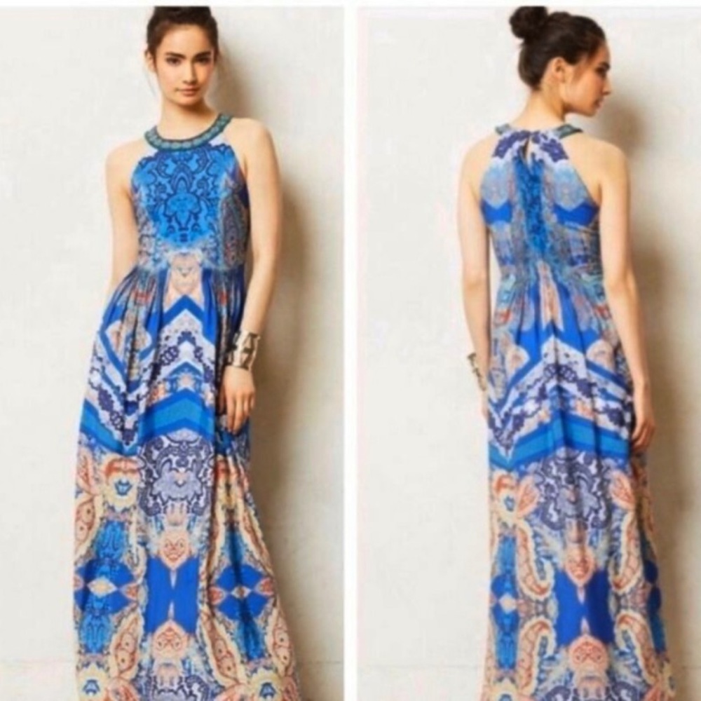 Ranna Gill Vibrant Blue and Tan Patterned Maxi Dress